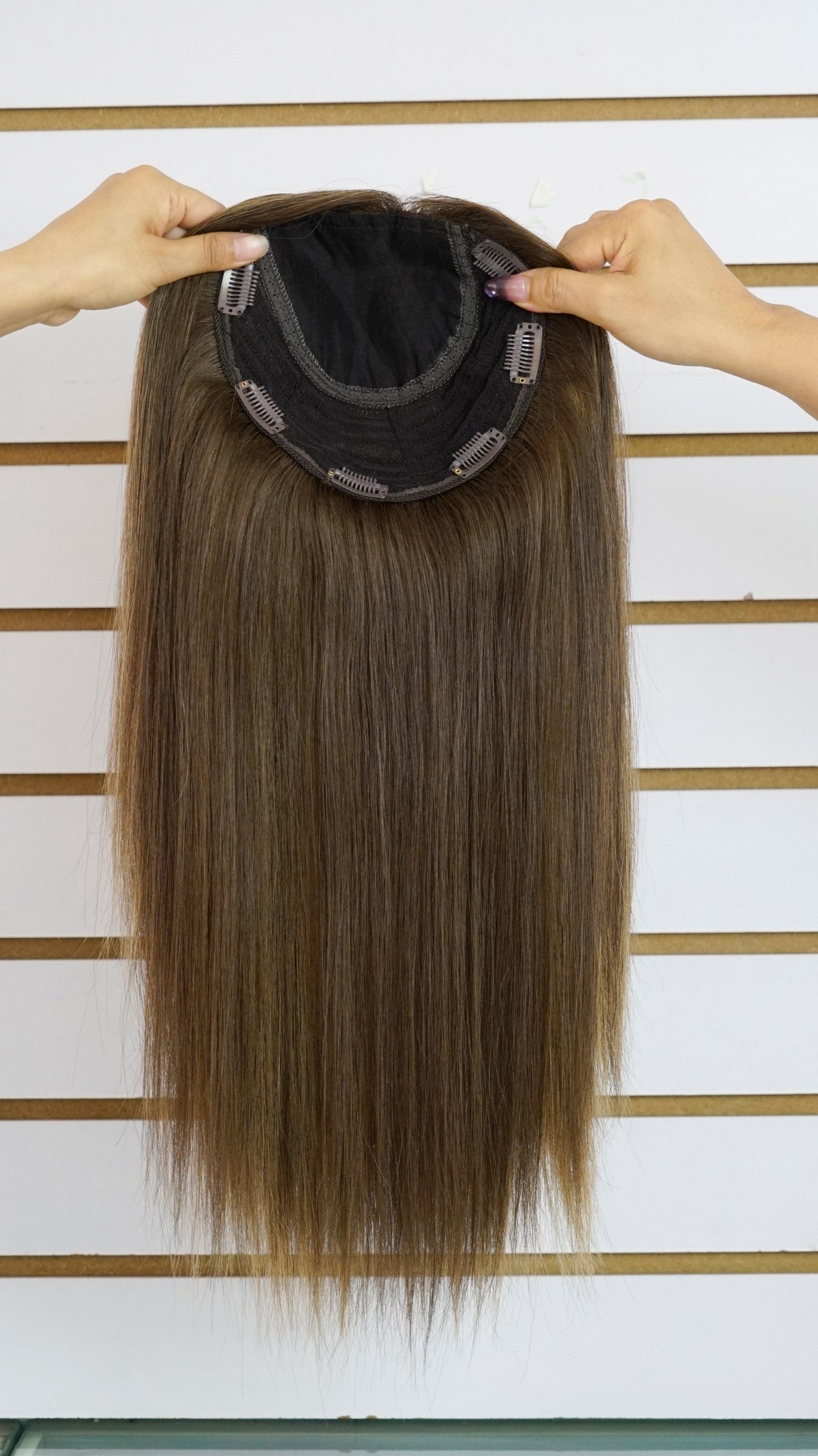 #4/27 Choc Brown Highlights Woman&#39;s Injection Human Hair Topper