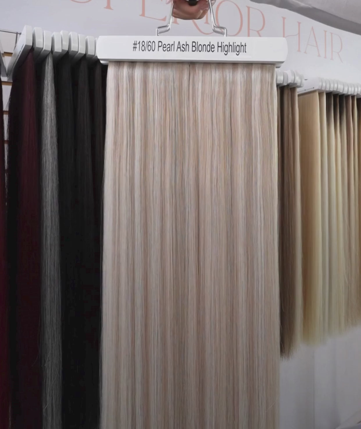 Load video: #18/60 Pearl Ash Blonde Highlights Ultra Seamless Tape In Extensions