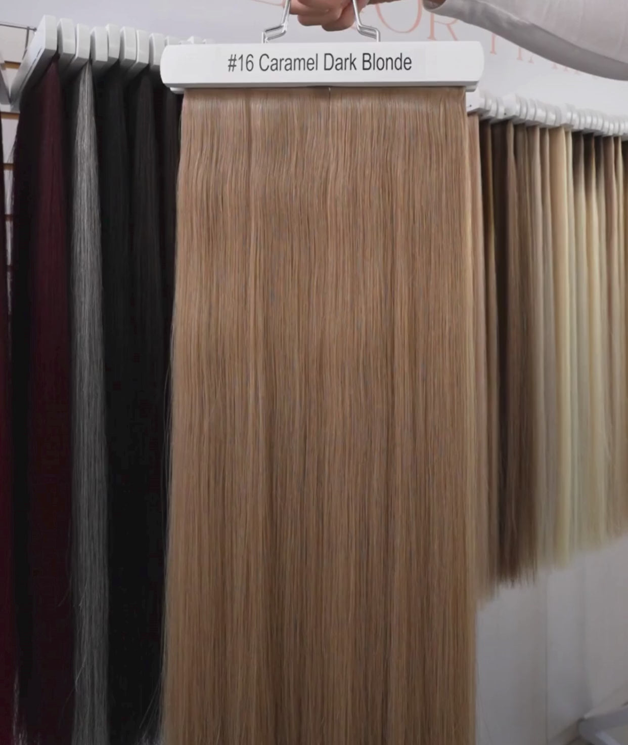 Load video: #16 Caramel Dark Blonde Ultra Seamless Tape In Extensions